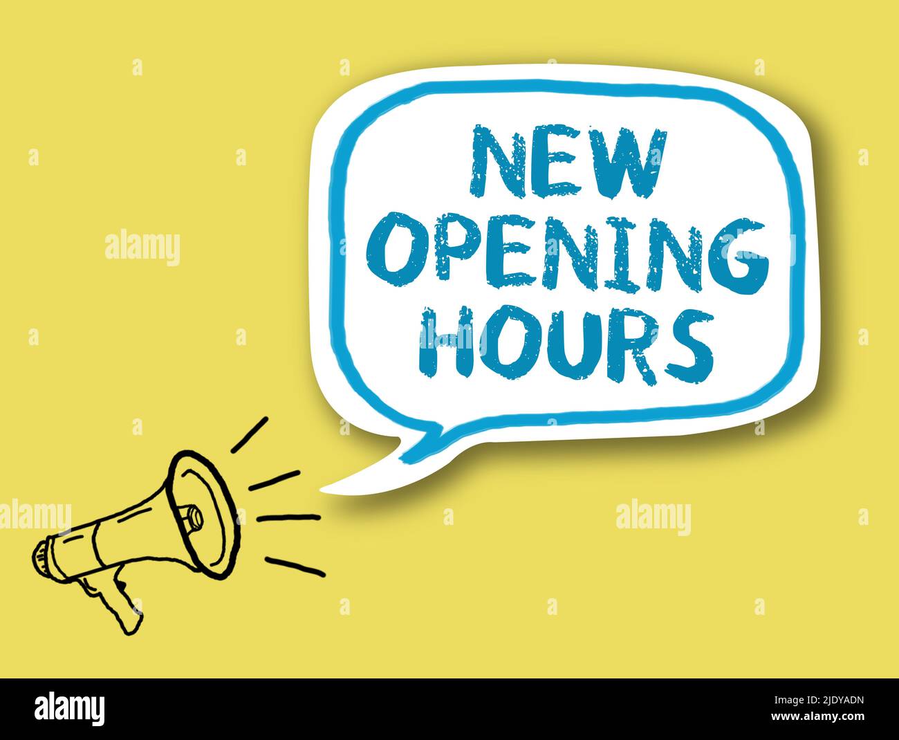 NEW OPENING HOURS and megaphone on speech bubble against bright yellow