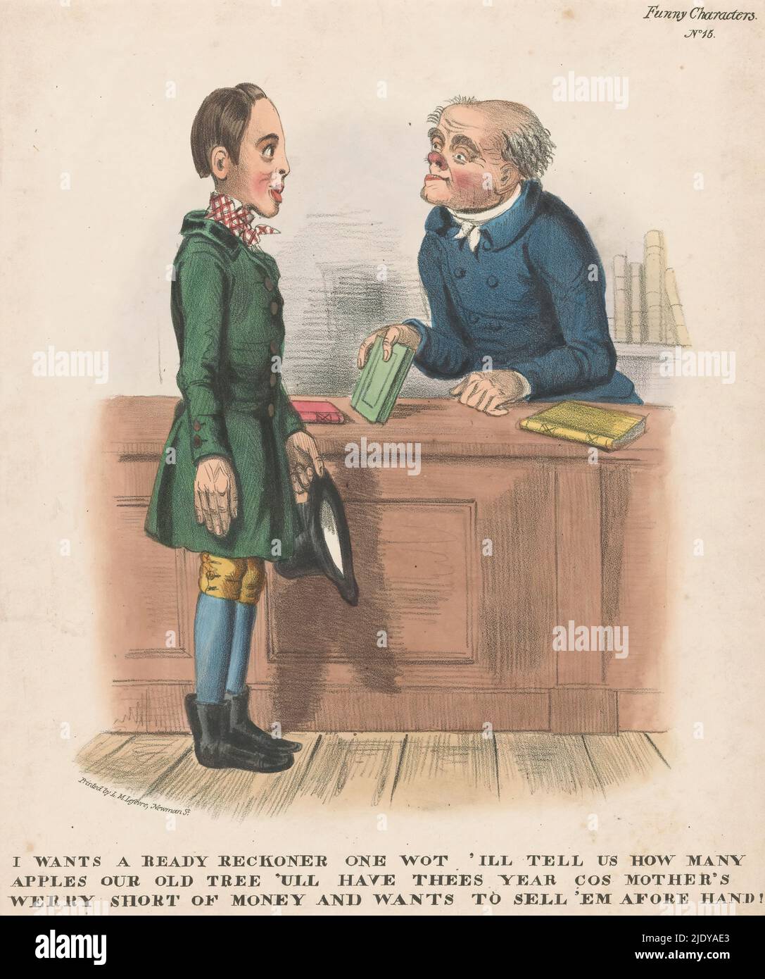 Young man in front of the counter of a bookstore, Caricatures (series title), Funny characters (series title on object), The young man asks in plain English for a book that can predict the apple harvest of the coming year., print maker: anonymous, printer: Louis Marie Lefevre, (mentioned on object), publisher: William Spooner, (possibly), London, c. 1832 - c. 1838, paper, height 290 mm × width 241 mm Stock Photo