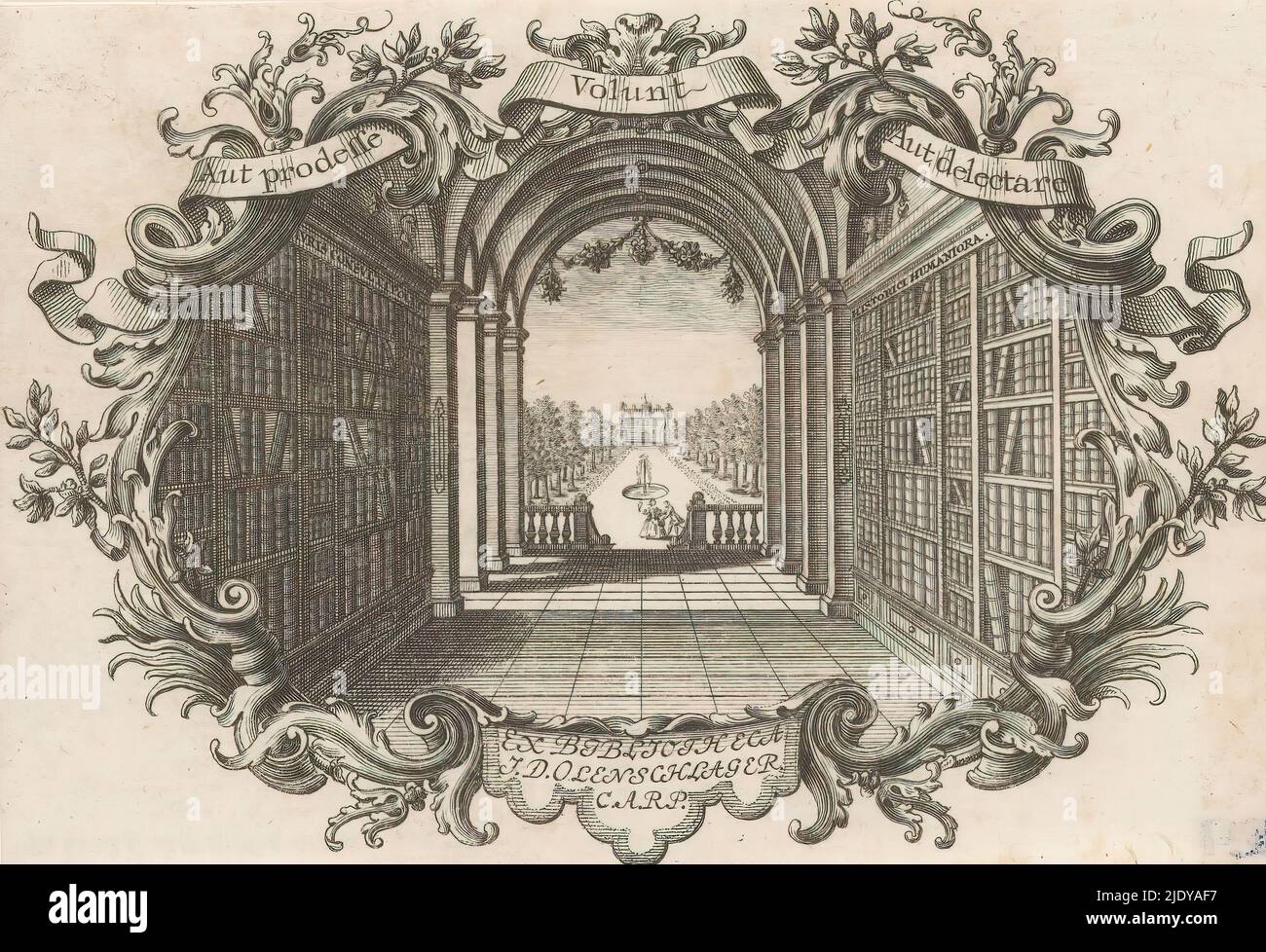 Ex libris of the jurist Johann Daniel Olenschlager, Ex Bibliotheca J.D. Olenschlager C.A.R.P. (title on object), Gallery with bookcases on both sides. At the end a view through to a garden with a fountain. Framed with the motto: 'Aut prodesse volunt aut delectare'., print maker: anonymous, 1737 - 1778, paper, etching, engraving, height 88 mm × width 128 mm Stock Photo