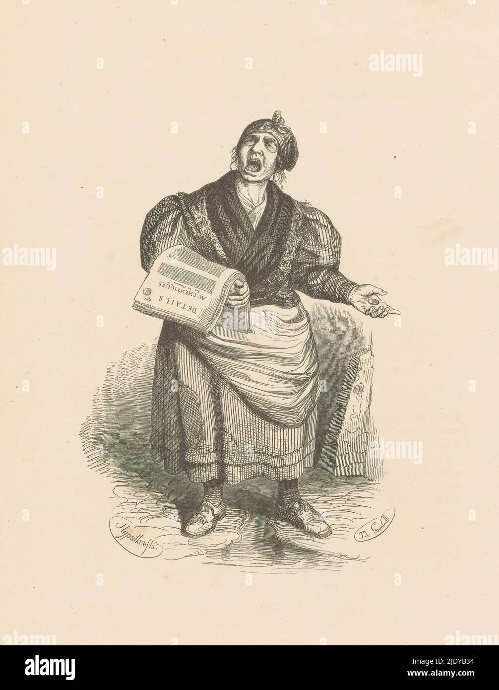 Newspaper Seller, On the street stands a woman wearing a headscarf. Over her right arm is a stack of newspapers., print maker: Lucien Xavier Stypulkowski, (mentioned on object), after design by: Jean Ignace Isidore Gérard Grandville, (mentioned on object), 1816 - 1849, paper, height 258 mm × width 175 mm Stock Photo