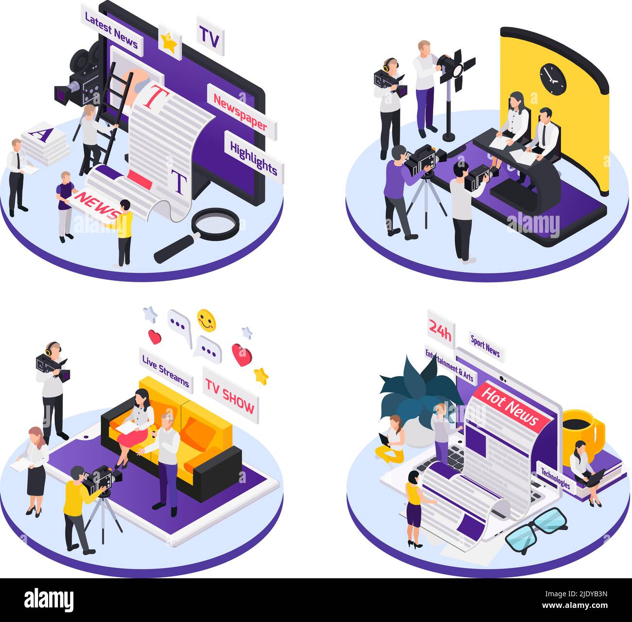 Journalistis reporters news media isometric with tv shows highlights