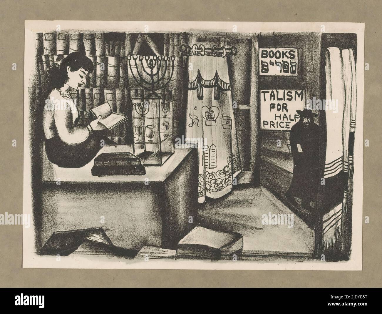 Jewish Bookshop in Wentworth Street, London, Jewish Bookshop in Wentworth Street (title on object), On the counter next to a display case with a chanukah lamp and other religious objects, a woman sits reading. Prayer rugs hang next to the door. On the street, a Jewish man walks with a book under his arm., print maker: anonymous, after print by: Pearl Binder, (mentioned on object), 1932, paper, printing, height 180 mm × width 131 mm Stock Photo