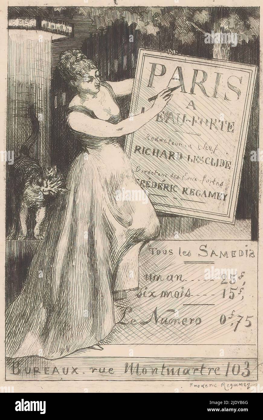 Woman advertises 'Paris à l'eau-forte' magazine, A woman writes advertisements for 'Paris à l'eau-forte' on a board. She receives a cup from a cat standing in front of an advertising column., print maker: Frédéric Regamey, (mentioned on object), Paris, 1873 - 1876, paper, etching, height 87 mm × width 61 mm Stock Photo