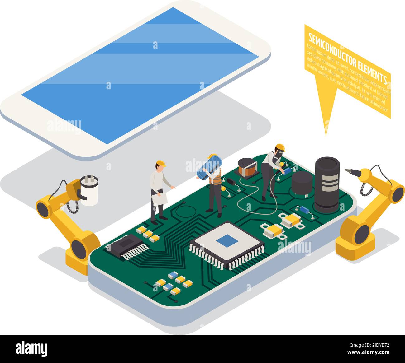 Semiconductor element in smartphone concept with hardware symbols isometric vector illustration Stock Vector