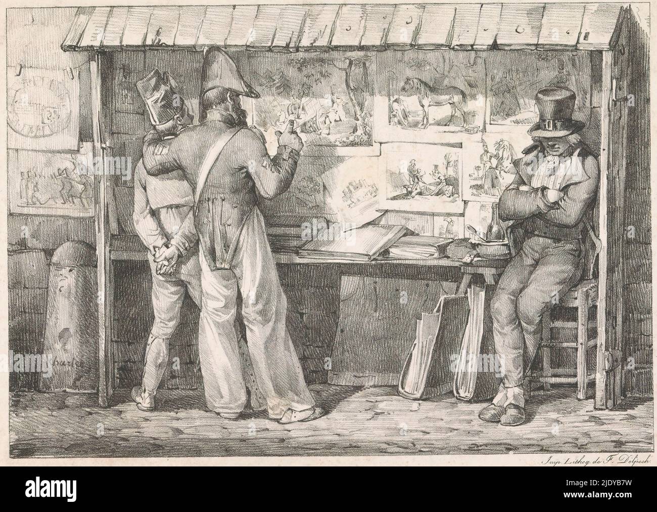 Vendor of Lithographies, Le Marchand de Dessins Lithographiques (title on object), Two soldiers, probably Napoleonic veterans, stand in front of the stall of a vendor of lithographies. Several prints with military themes hang in the stall; albums are on the table. The print dealer leans relaxed against a chair, with his arms crossed and his hat over his eyes., print maker: Nicolas Toussaint Charlet, (mentioned on object), printer: François Séraphin Delpech, (mentioned on object), Paris, Jun-1818 - Dec-1819, paper, height 310 mm × width 408 mm Stock Photo