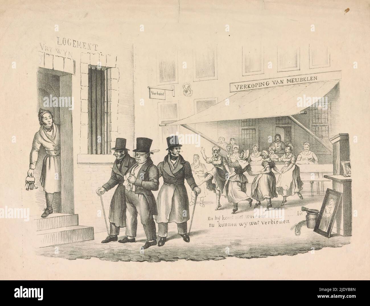 Cartoon on C. Seyn, 1838-1839, Cartoon on the Leiden clerk C. Seyn being led to prison by two constables. In the background a vendu house for furniture where a group of women are singing and dancing with joy over the arrest. For the benefit of his hobby (paintings) Seyn stole from the city treasury. On the right some paintings leaning against a cabinet, a jar of syrup and a peacock feather. The theft was discovered on 10 October 1838, the sentence pronounced on 27 September 1839., print maker: anonymous, Leiden, 1838 - 1839, paper, height 312 mm × width 413 mm Stock Photo