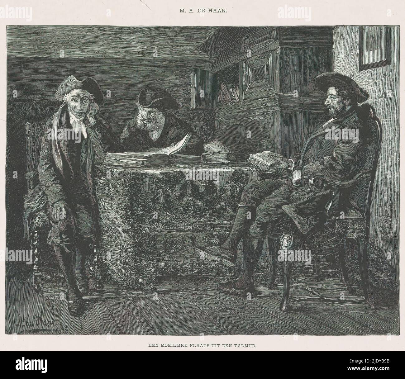 Three Jewish men reading around a table, A difficult place from the talmud (title on object), Three men in hats are seated around a table with a number of books on it. In the background, a closet door is open., print maker: Smeeton-Tilly, (mentioned on object), after design by: Meijer Isaäc de Haan, (mentioned on object), Paris, 1878, paper, height 334 mm × width 502 mm Stock Photo