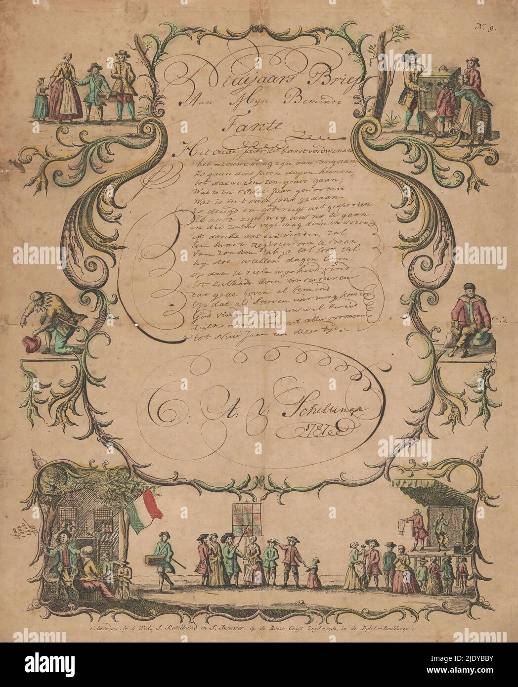 Greeting letter with carnival scenes, Greeting letter with described cartouche within a decorative frame with carnival scenes, including a man with a viewing box and a song singer with a pointer to a collection of prints on a scroll between sticks. Handwritten message in calligraphy (New Year's wish) by A.V. Scheltinga to his aunt. Numbered upper right: N. 9., publisher: weduwe Jeronimus Ratelband en Johannes Bouwer, (mentioned on object), print maker: anonymous, publisher: Amsterdam, print maker: Netherlands, 1767 - 1779 and/or 1787, paper, etching, pen, height 392 mm × width 319 mm Stock Photo
