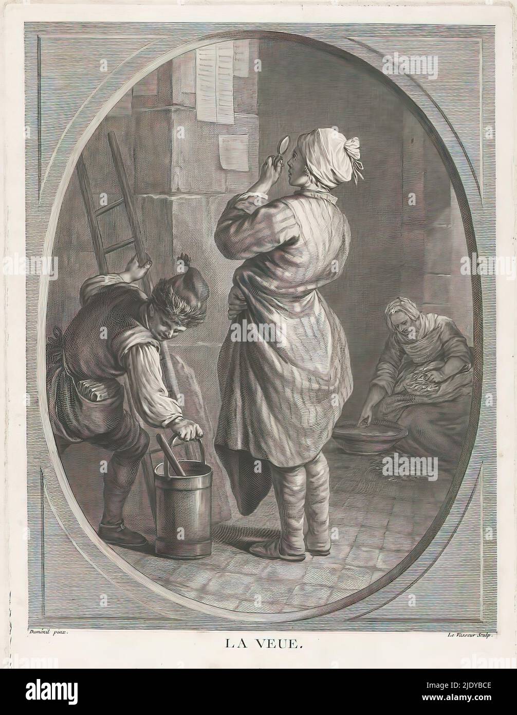 Sight, La veue (title on object), Five senses (series title), A man uses a magnifying glass to view posters hanging on the wall. Next to him stands a man with a ladder and a bucket of placards. Around his waist he carries a bag with posters. In the background, a woman sits on the ground., print maker: Jean Charles Levasseur, (mentioned on object), after painting by: Pierre-Louis Dumesnil, (mentioned on object), 1744 - 1781, paper, etching, engraving, height 407 mm × width 278 mm Stock Photo