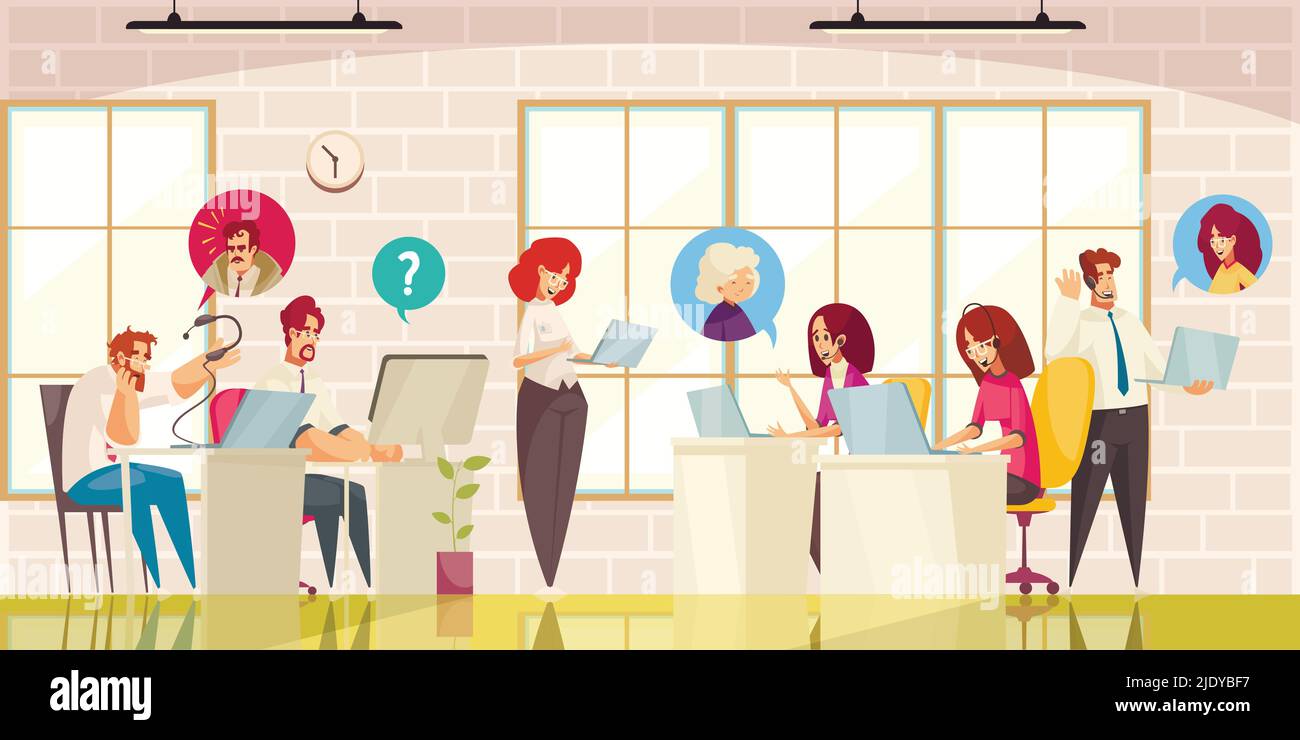 Call center customer online support service office interior flat ...