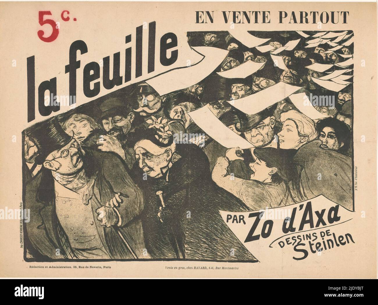 Advertising bill for La feuille by Zo d'Axa, News sheets swirl down on a crowd of people. In front a man in a hat and walking stick with a woman on his arm., print maker: Sarar, (mentioned on object), after design by: Théophile Alexandre Steinlen, (mentioned on object), printer: Charles Verneau, (mentioned on object), Paris, 1897 - 1899, paper, brush, height 410 mm × width 299 mm Stock Photo