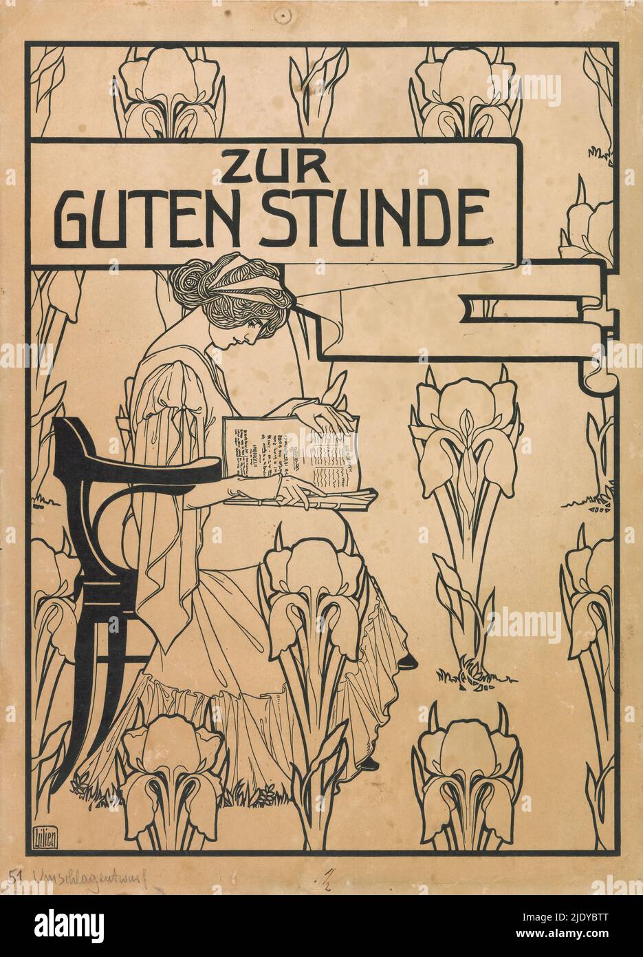 Design for the cover of the magazine Zur guten Stunde, Zur guten Stunde (title on object), Woman seated on a chair, reading in a book or magazine lying on her lap. Stylized lilies all around., print maker: Ephraim Moshe Lilien, (mentioned on object), 1887 - 1919, paper, height 405 mm × width 294 mm Stock Photo