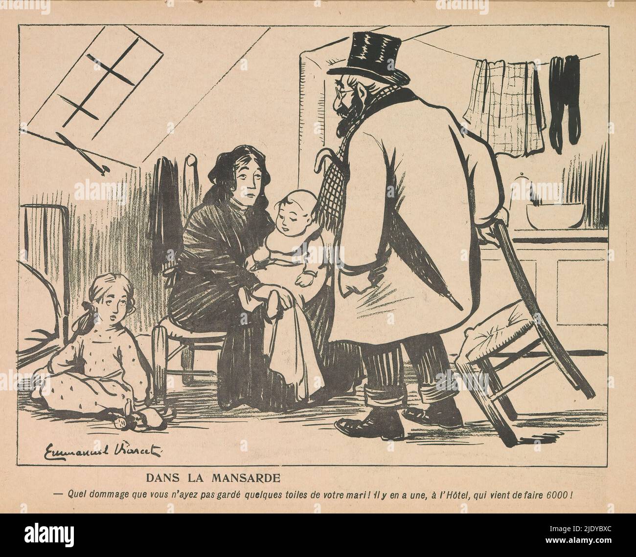 In the Attic, Dans la mansarde (title on object), A man wearing a top hat and carrying an umbrella under his arm visits a poor woman living in an attic room with two children. The woman, apparently the widow of a well-known painter, has unfortunately not kept her husband's precious canvases. The print is part of a magazine., print maker: anonymous, after design by: Emmanuel Barcet, (mentioned on object), printer: E. Victor, Paris, 20-May-1905, paper, height 317 mm × width 244 mm Stock Photo
