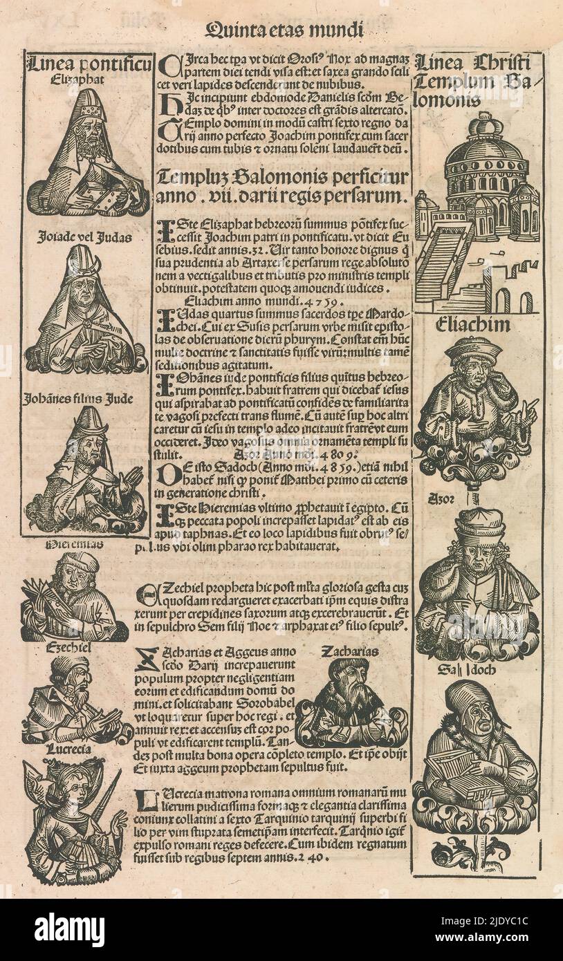 Page from the Nuremberg Chronicle of Schedel, folio 45v, Page from the Nuremberg Chronicle of Hartmann Schedel with on the left a fragment of the family tree of Priests and on the right a fragment of the family tree of Christ with a view of the Temple of Solomon. Also the prophets Jeremiah, Ezekiel and Zacharias. Bottom left a portrait of Lucretia holding a sword., print maker: Michel Wolgemut, (workshop of), print maker: Wilhelm Pleydenwurff, (workshop of), Hartmann Schedel, Neurenberg, 1493, paper, letterpress printing, height 472 mm × width 322 mm Stock Photo