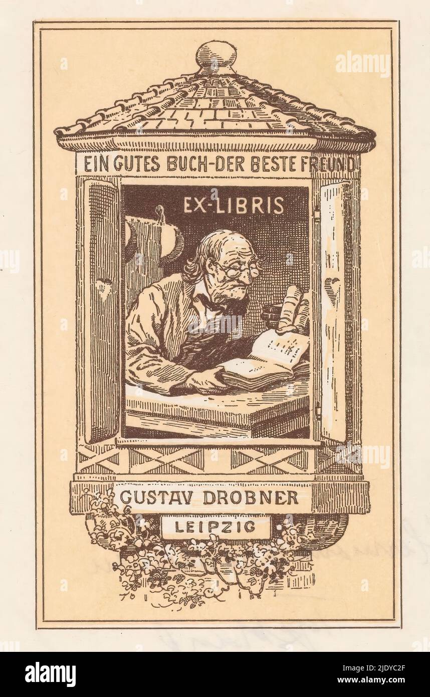 Ex libris by Gustav Drobner, Old man behind a table, reading in a book. In architectural frame consisting of a roof and a window with shutters open. Under the roof the text: 'Ein gutes buch - der beste Freund'., print maker: Hermann Feldmann, (mentioned on object), after design by: Hermann Feldmann, (mentioned on object), 1897, paper, height 109 mm × width 76 mm Stock Photo
