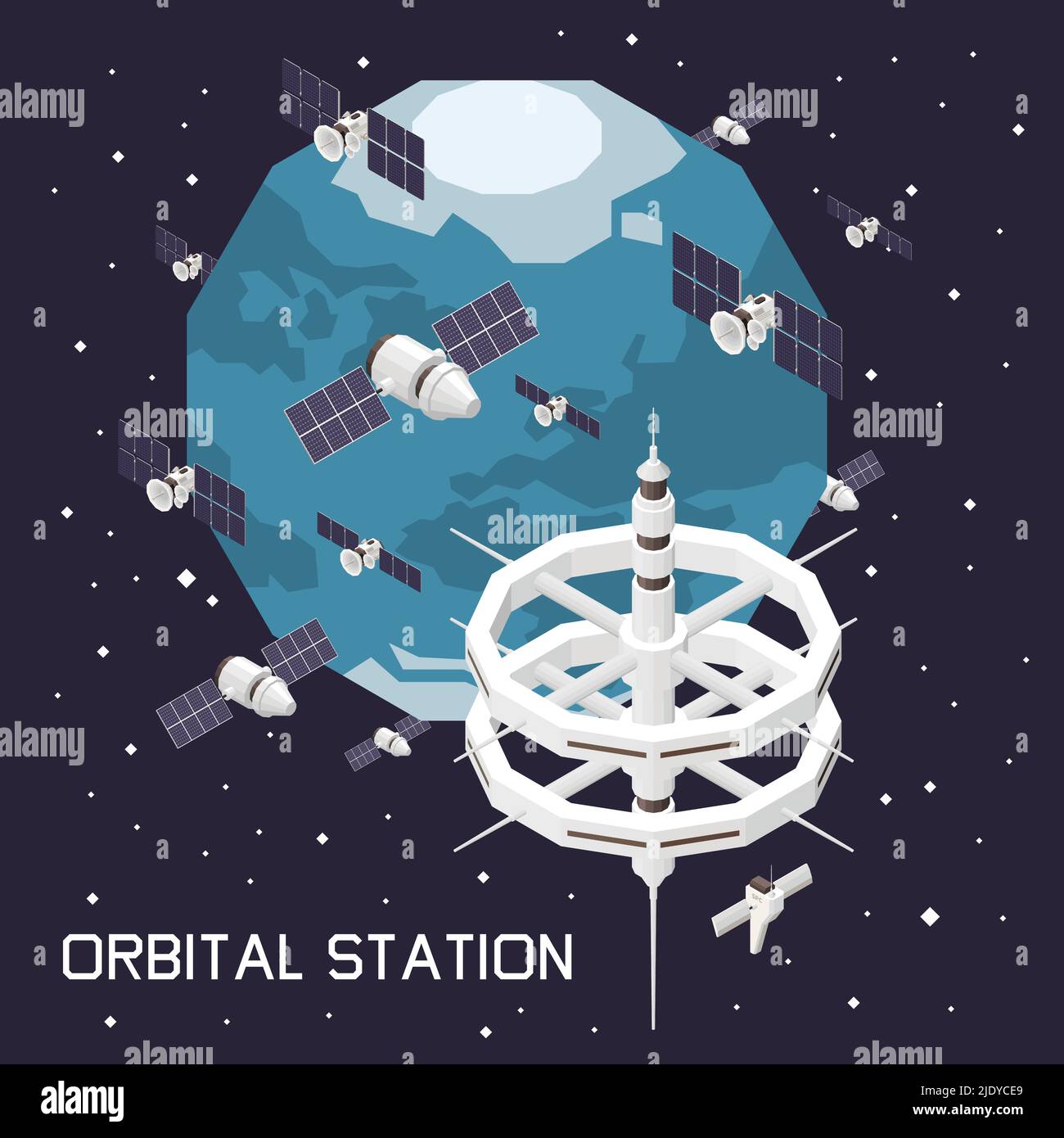 Isometric composition with orbital space station and ship 3d vector illustration Stock Vector