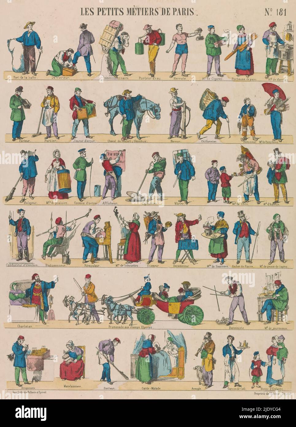 Professions, Les petits métiers de Paris (title on object), Sheet showing 44 different professions, partly street vendors and street performers. Included is a water carrier, an umbrella seller, a chocolate seller, a newspaper seller, and a book seller. Numbered in the upper right: No. 181., publisher: Pellerin & Cie., (mentioned on object), printer: Pellerin & Cie., (mentioned on object), print maker: anonymous, Épinal, c. 1850 - c. 1900, paper, height 401 mm × width 299 mm Stock Photo