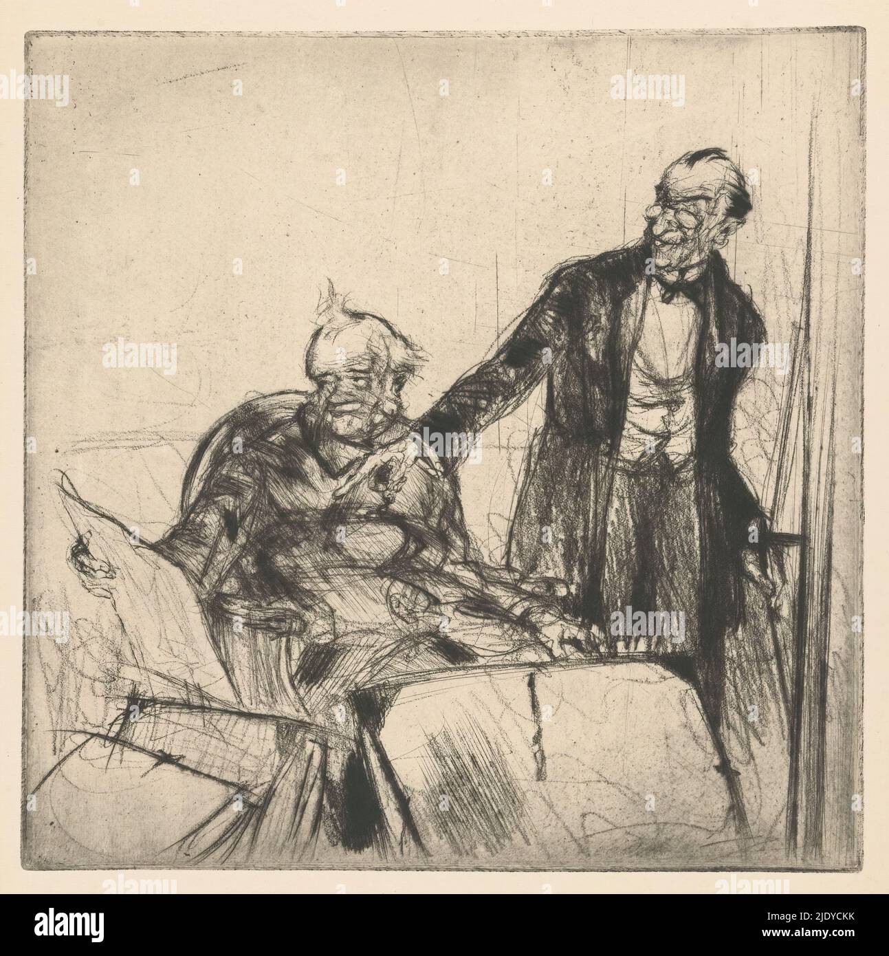 Seated print collector surrounded by portolios, next to him a standing man, Amateurs d'estampes, print maker: Armand Coussens, 1921 - 1922, paper, drypoint, height 193 mm × width 194 mm Stock Photo