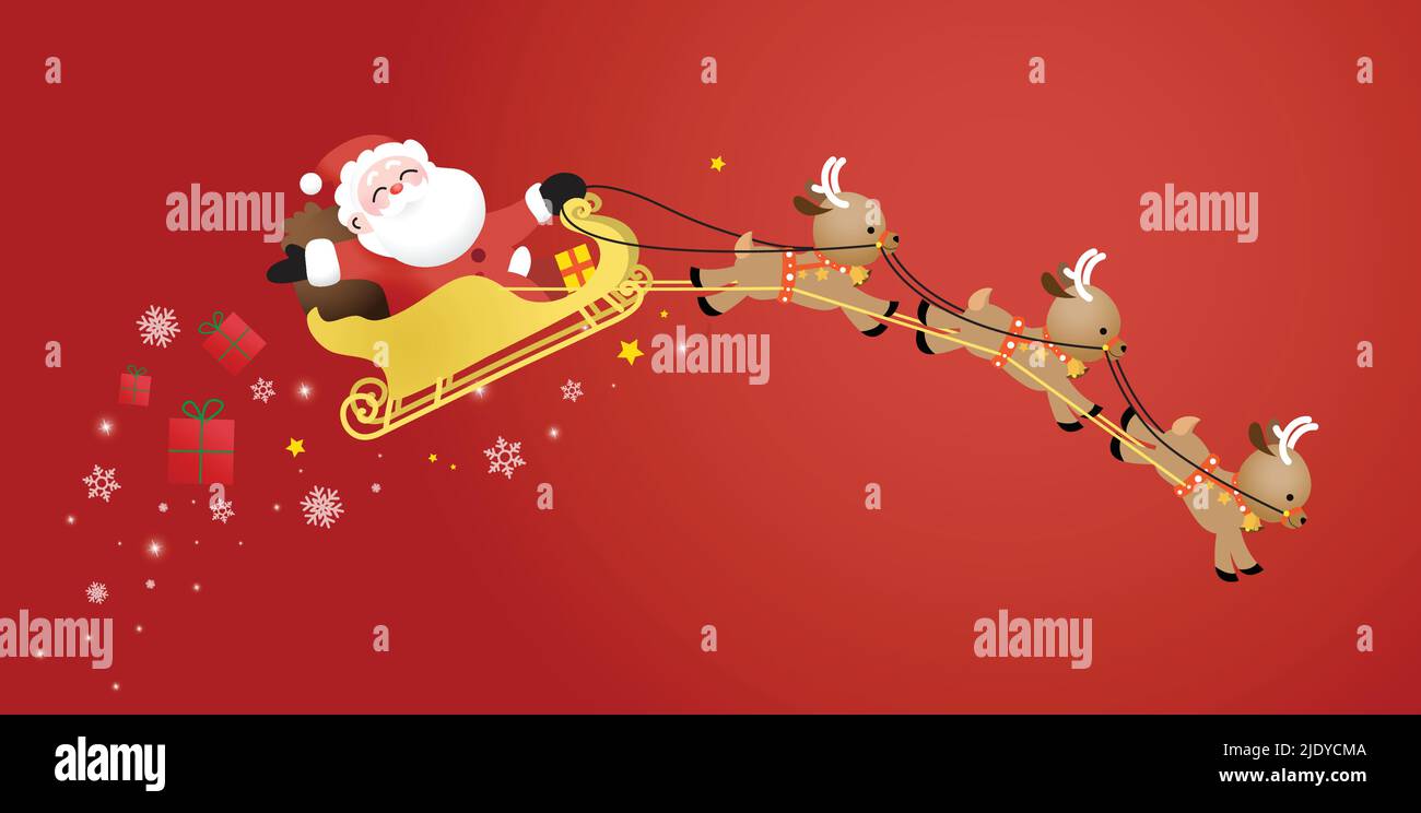 Santa Claus flying on sleigh pulled by reindeers. Christmas banner of ...
