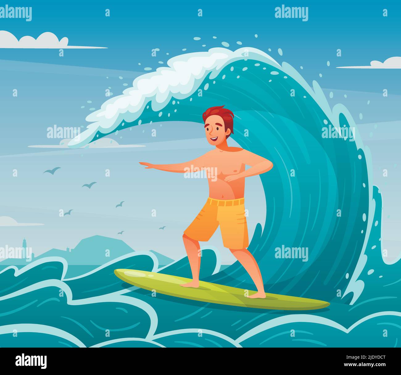 Water sports cartoon background with happy man surfing vector ...