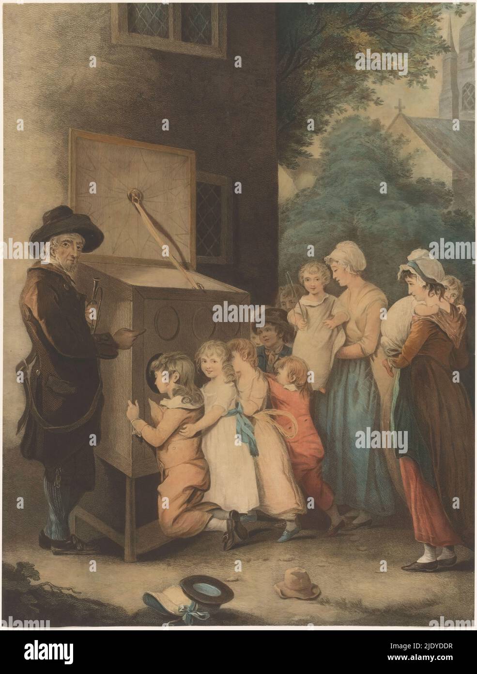 Children around a viewing box, The Show Man / La Piece Curieuse, In a village square, boys and girls line up in front of a viewing box. Next to the cabinet is the owner, a man wearing a hat and holding a trumpet. On the right, two women with children on their arms. In the background a church., print maker: Thomas Gaugain, after painting by: Joseph Barney, publisher: S. Morgan, London, 1802, paper, etching, engraving, height 600 mm × width 455 mm Stock Photo
