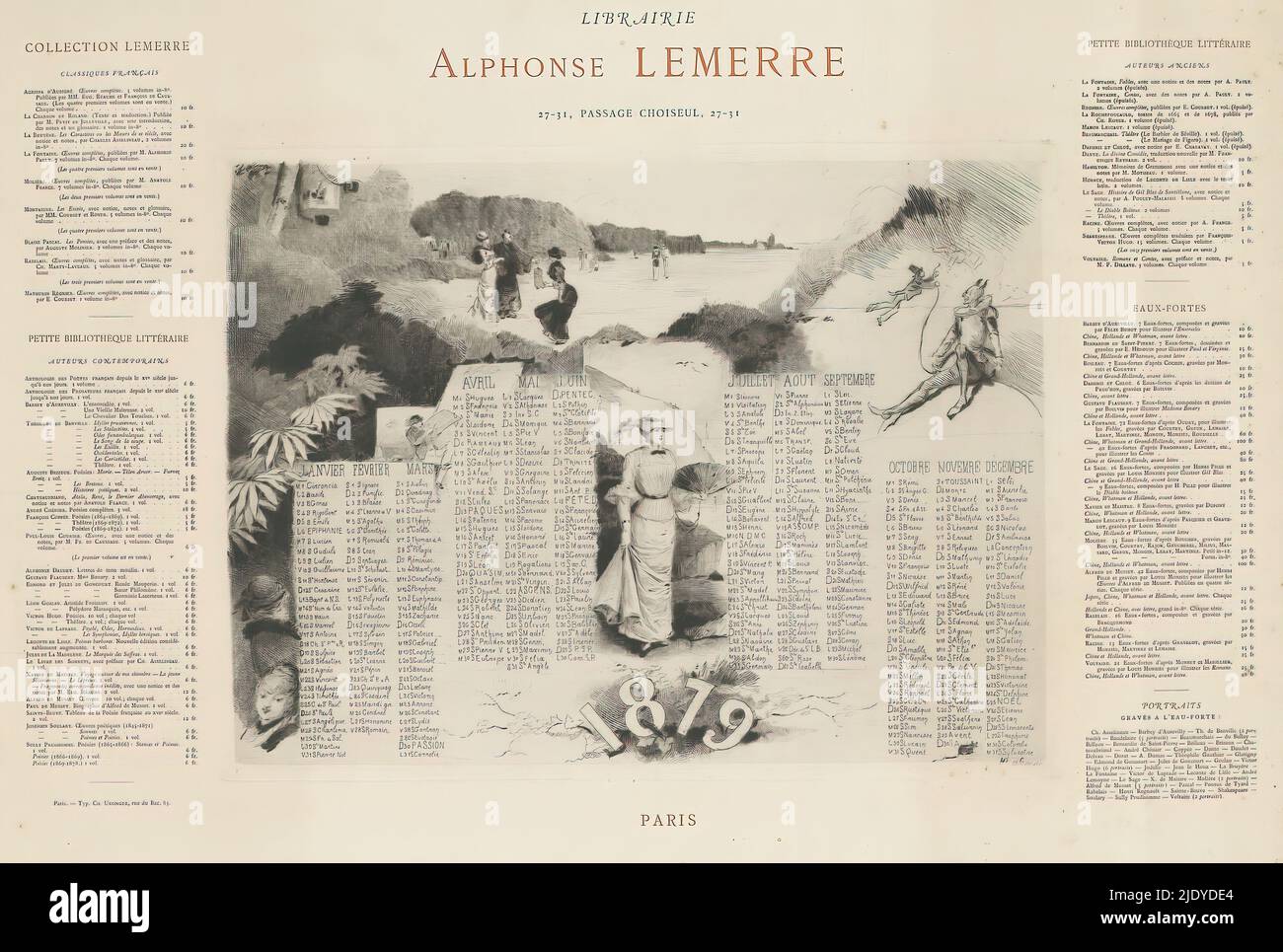 Calendar of Librairie Alphonse Lemerre for the year 1879, Walking figures in a landscape. Above a woman and a man in a kimono. He is handing another woman a lantern. In the center a coastal scene with a woman holding an unfolded fan. Top right a devil with a man with a hat on his tail., print maker: Henry Somm, (mentioned on object), printer: Ch. Unsinger, (mentioned on object), publisher: Alphonse Lemerre, (mentioned on object), Paris, 1878 - 1879, paper, etching, drypoint, letterpress printing, height 237 mm × width 319 mm, height 445 mm × width 550 mm Stock Photo