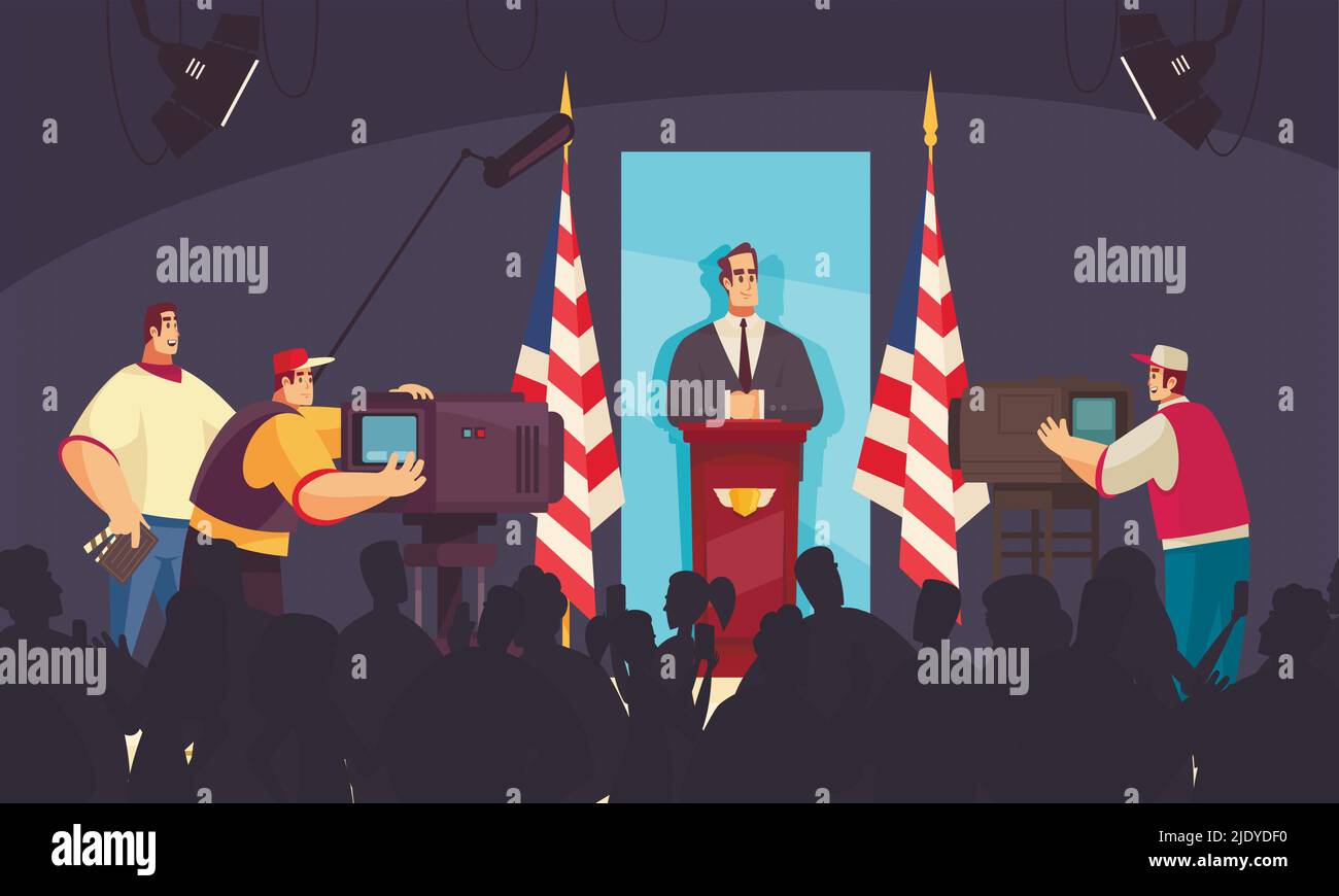 President speaking at the podium in front of people camera operators flat composition dark background vector illustration Stock Vector