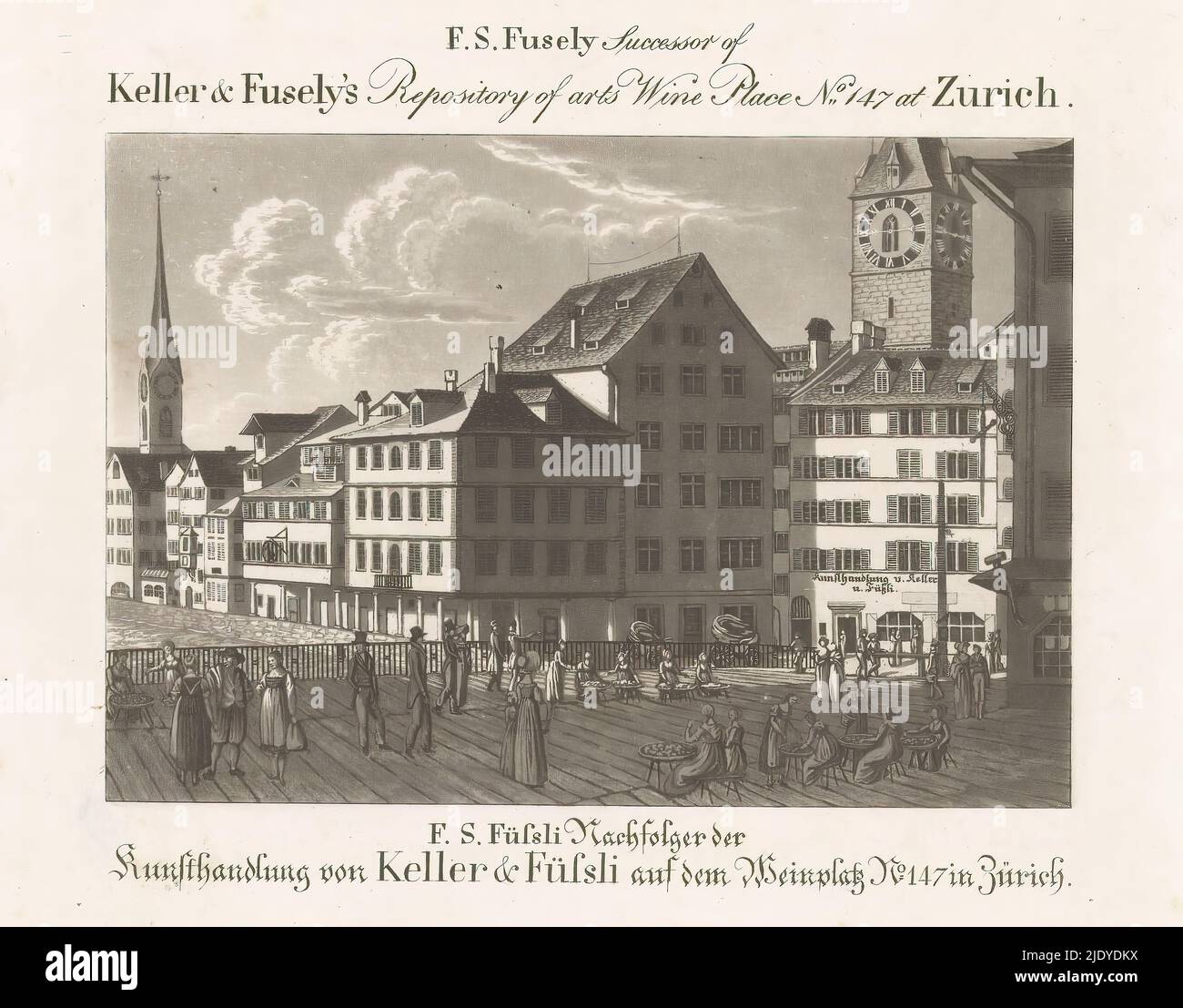 Business card of art dealer Friedrich Salomon Füssli in Zurich, View of the town hall bridge and Weinplatz with the exterior of art dealer Friedrich Salomon Füssli, successor of Keller & Füssli. On the left the tower of the Fraumünster and on the right that of St. Peter's., print maker: anonymous, 1812 - 1847, paper, engraving, height 126 mm × width 165 mm Stock Photo