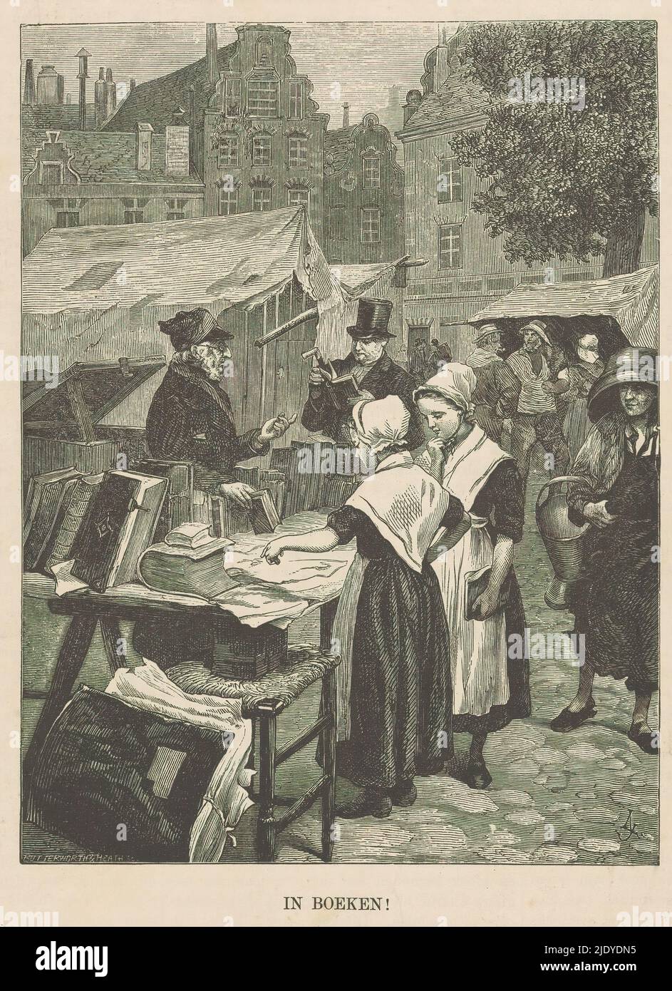 Bookseller at a market in Amsterdam, In Books! (title on object), Two orphaned girls and a man in a top hat view the offerings of a bookseller. Probably the Botermarkt in Amsterdam., print maker: Butterworth & Heath, (mentioned on object), after design by: Monogrammist LJ (laat 19e eeuw), after painting by: Paul Friedrich Meyerheim, c. 1887, paper, letterpress printing, height 208 mm × width 148 mm Stock Photo