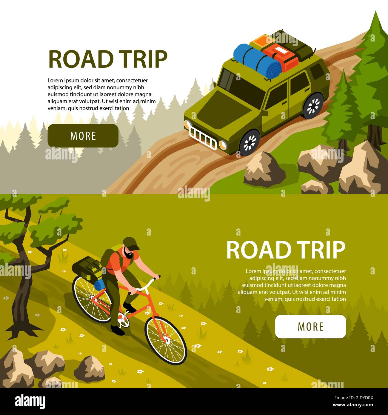 Camping horizontal banners set with man riding bicycle and tourist car on road in forest 3d isometric isolated vector illustration Stock Vector
