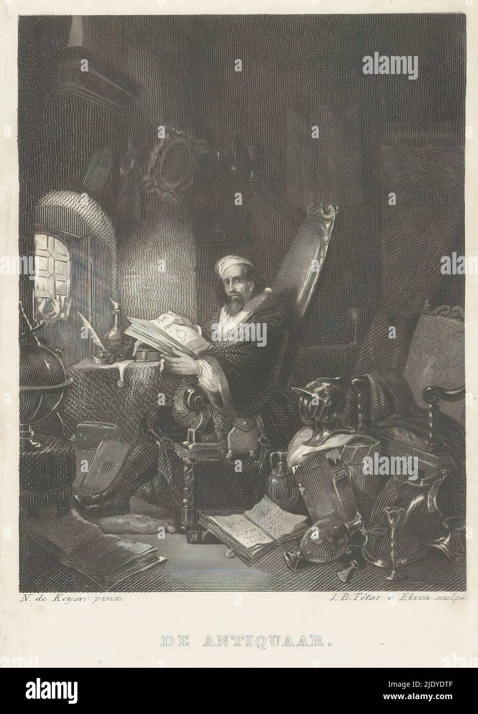 The Antiquarian (title on object), A man with a book in his hands sits in a chair with a high back. Around him are curiosities including a suit of armor, shield and globe., print maker: Jan Baptist Tetar van Elven, (mentioned on object), after painting by: Nicaise De Keyser, (mentioned on object), 1849, height 125 mm × width 82 mm Stock Photo