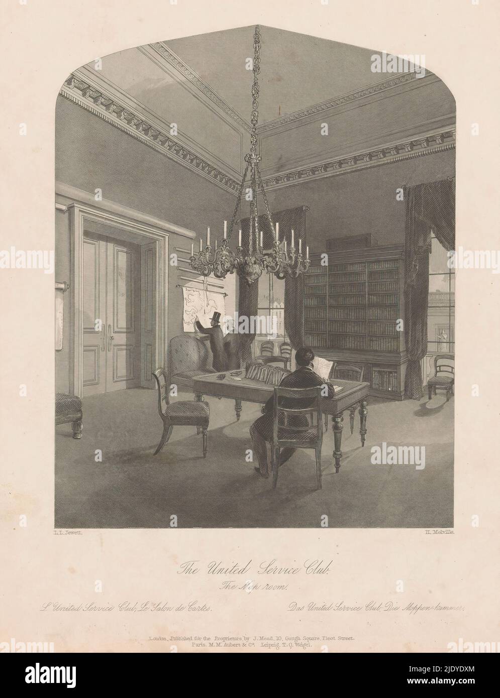 Interior of The Map Room of The United Service Club in London, The United Service Club. The Map room, Under a chandelier in the center of the room a reading table behind which a man is reading. Two men are looking at a wall map, against a wall between two windows is a bookcase. Titled in English, French and German., print maker: Henry Melville, (mentioned on object), after design by: Llewelynn Frederick William Jewitt, (mentioned on object), publisher: Joseph Mead, (mentioned on object), publisher: London, publisher: Paris, publisher: Leipzig, 1841 - 1844, paper, steel engraving, height 268 mm Stock Photo