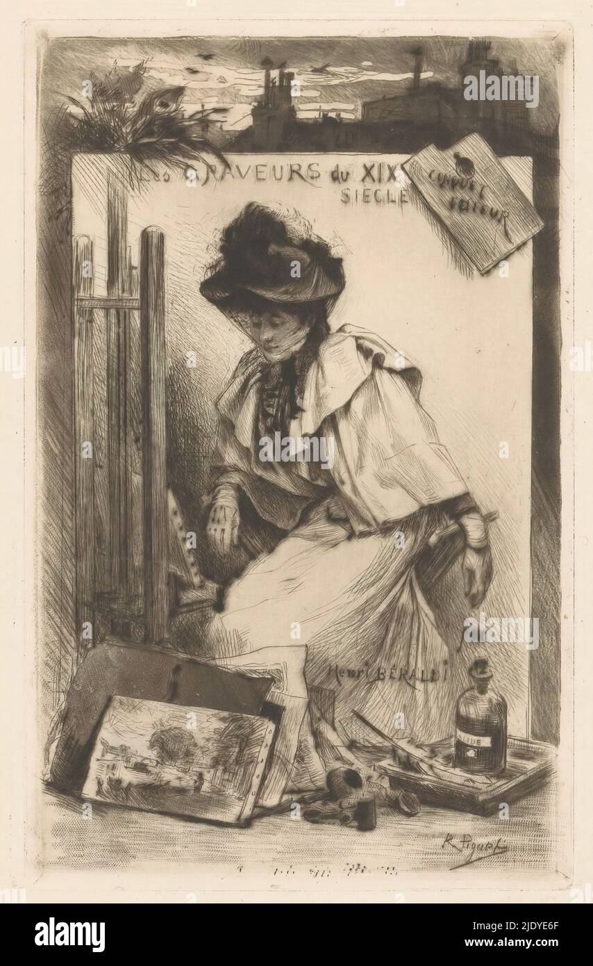 Woman looks at a canvas on an easel, Title page for: Henri Béraldi, Les graveurs du XIXe siècle, 1890, Leaning against the easel is a portfolio of drawings or prints and a canvas with a cityscape. On the floor are materials from a printmaker. At the top, a silhouette of some buildings., print maker: Rodolphe Piguet, (mentioned on object), publisher: Léon Conquet, (mentioned on object), Paris, 1890, paper, drypoint, height 190 mm × width 120 mm Stock Photo