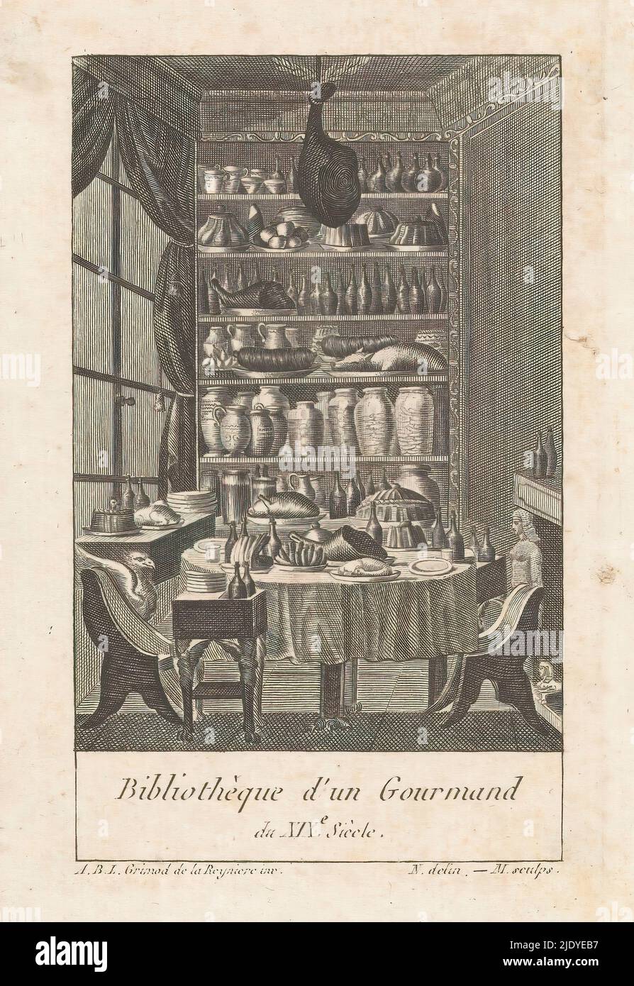 Library filled with food, Title page for: Grimod de la Reynière, Almanch des Gourmands, 1803, Bibliothèque d'un Gourmand du XIXe Siècle (title on object), Interior with a richly laid table, foodstuffs on the shelves of the bookcase and a ham as a chandelier., print maker: Monogrammist M (19e eeuw), (mentioned on object), after drawing by: Monogrammist N (19e eeuw), (mentioned on object), after design by: Alexandre Balthazar Laurent Grimod de La Reynière, (mentioned on object), Paris, 1803, paper, engraving, height 140 mm × width 103 mm Stock Photo