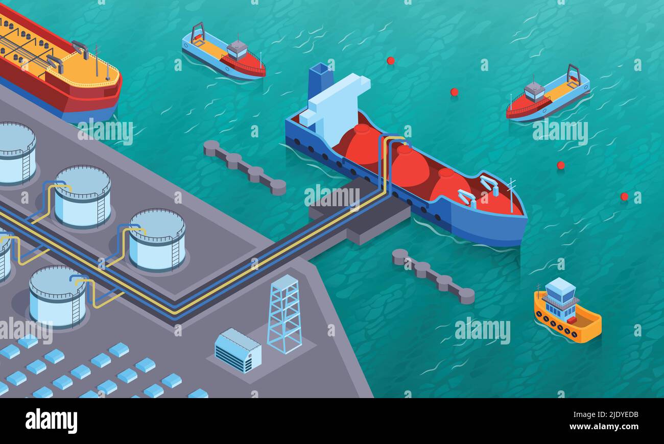 Isometric water transport horizontal composition with view of land ...