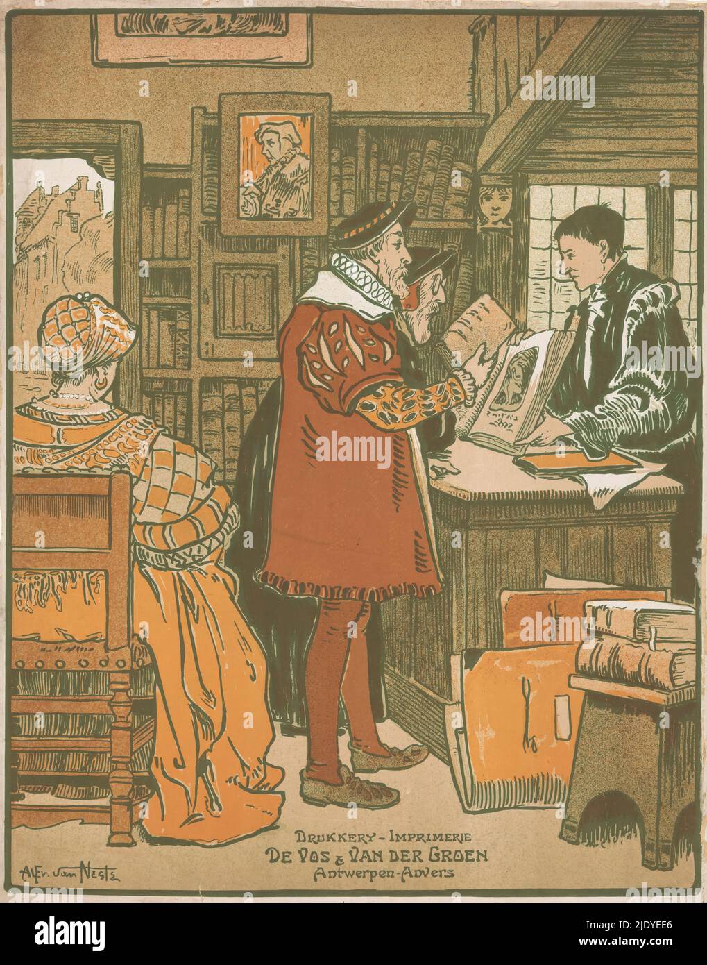 Interior of a 16th century bookstore, Probably advertising De Vos & Van