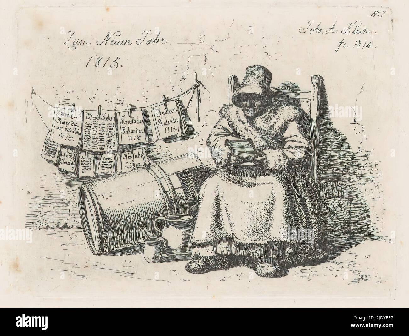 Seller of Calendars, Zum Neun Jahr 1815 (title on object), A woman in thick fur coat sits on a chair against a wall, her stash of calendars is attached to two ropes with pegs. Numbered in the upper right: 7., print maker: Johann Adam Klein, (mentioned on object), 1814, paper, etching, height 74 mm × width 97 mm Stock Photo