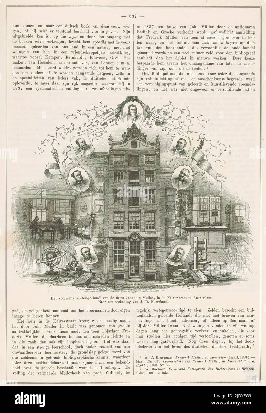 Bibliopolium of Johannes Müller on the Kalverstraat in Amsterdam, Facade of the building on the Kalverstraat. On either side details of the interior and portraits of Johannes and Christiaan Müller and members of the staff., print maker: Auguste Tilly, (mentioned on object), after design by: Johan Daniel Ebersbach, (mentioned on object), 1884, paper, letterpress printing, height 143 mm × width 178 mm, height 350 mm × width 224 mm Stock Photo