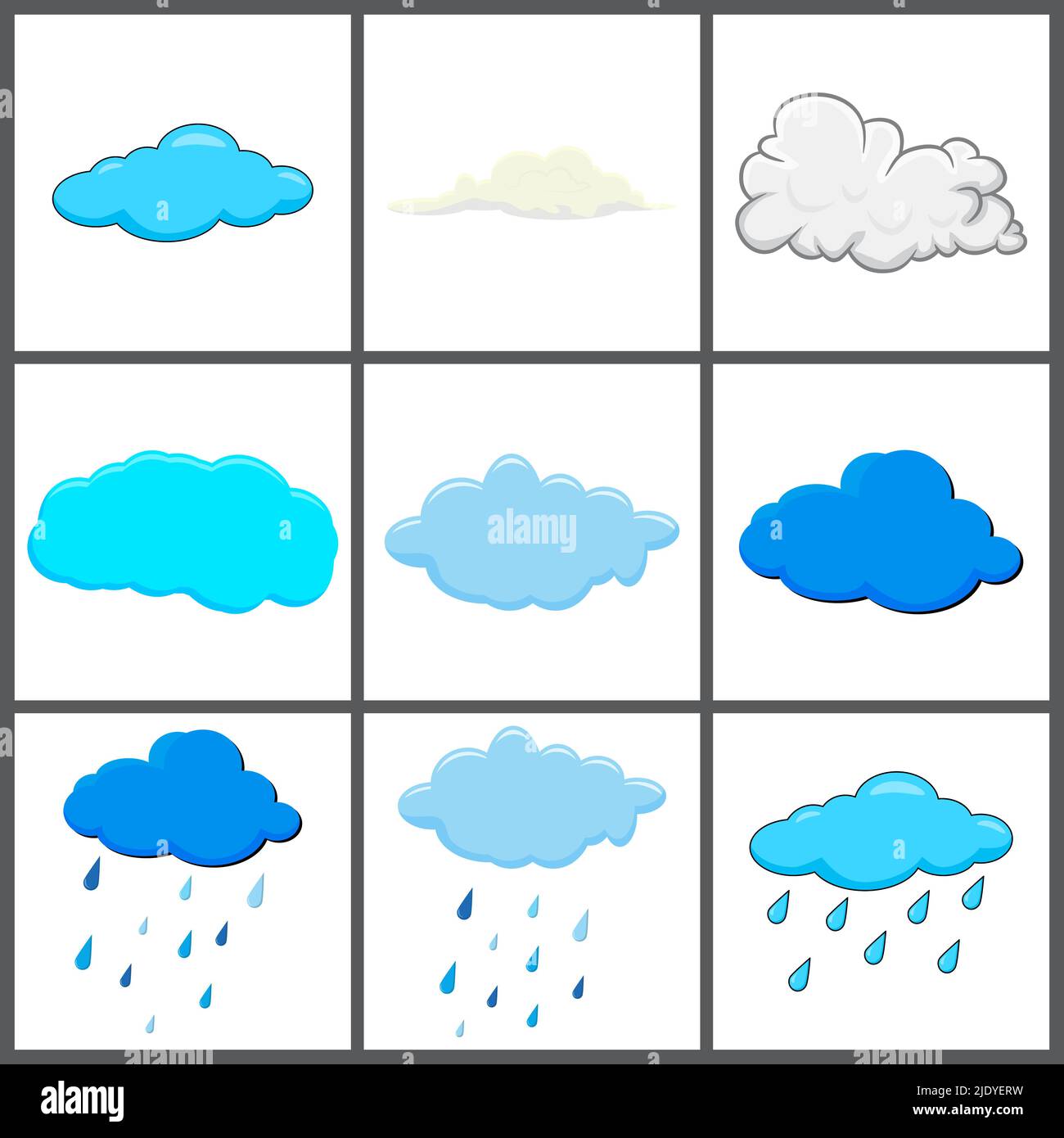 clouds set. clear and with rain.  Cloud icon, cloud shape. Set of different clouds. Collection of cartoon cloud Vector design isolated on white Stock Vector