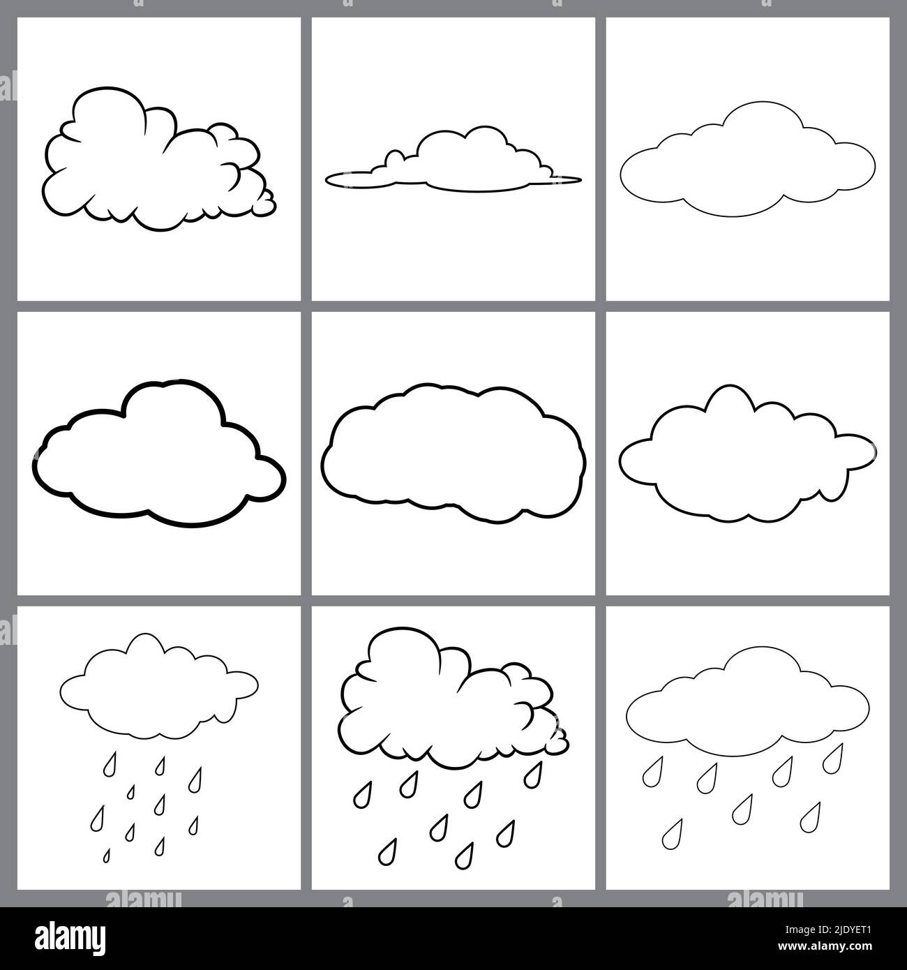 clouds line art set. Cloud icon, cloud shape. Set of different clouds. Collection of outline cloud Vector design isolated on white Stock Vector