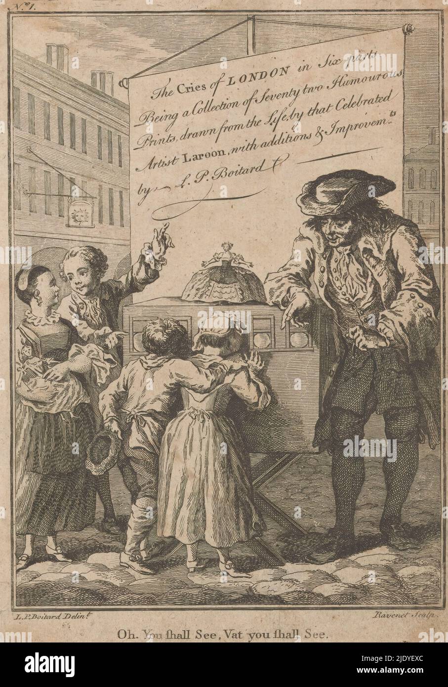 Four children around a viewing box, Street vendors in London (series title), Cries of London in six parts (series title on object), Representation of a square with four children around a viewing box, two of them peering in through the window. On the viewing box is a doll wearing a dress, next to it the owner of the box pulling a cord., print maker: Simon François Ravenet (le vieux), (mentioned on object), after design by: Louis Philippe Boitard (père), (mentioned on object), after design by: Marcellus Laroon (I), (mentioned on object), London, c. 1760, paper, etching, height 245 mm × width 180 Stock Photo