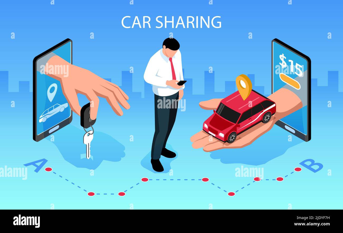 Car sharing horizontal isometric composition with mobile smartphone apps handing over vehicle key to customer vector illustration Stock Vector