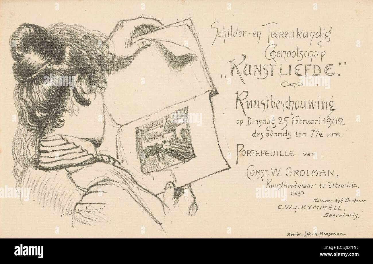 Invitation from Painting and Drawing Society 'Kunstliefde', A woman seen on her back looks at an album of prints., print maker: anonymous, print maker: Johannes Moesman, (possibly), after design by: Johan Coenrad Ulrich Legner, (mentioned on object), Utrecht, 1902, paper, height 133 mm × width 203 mm Stock Photo