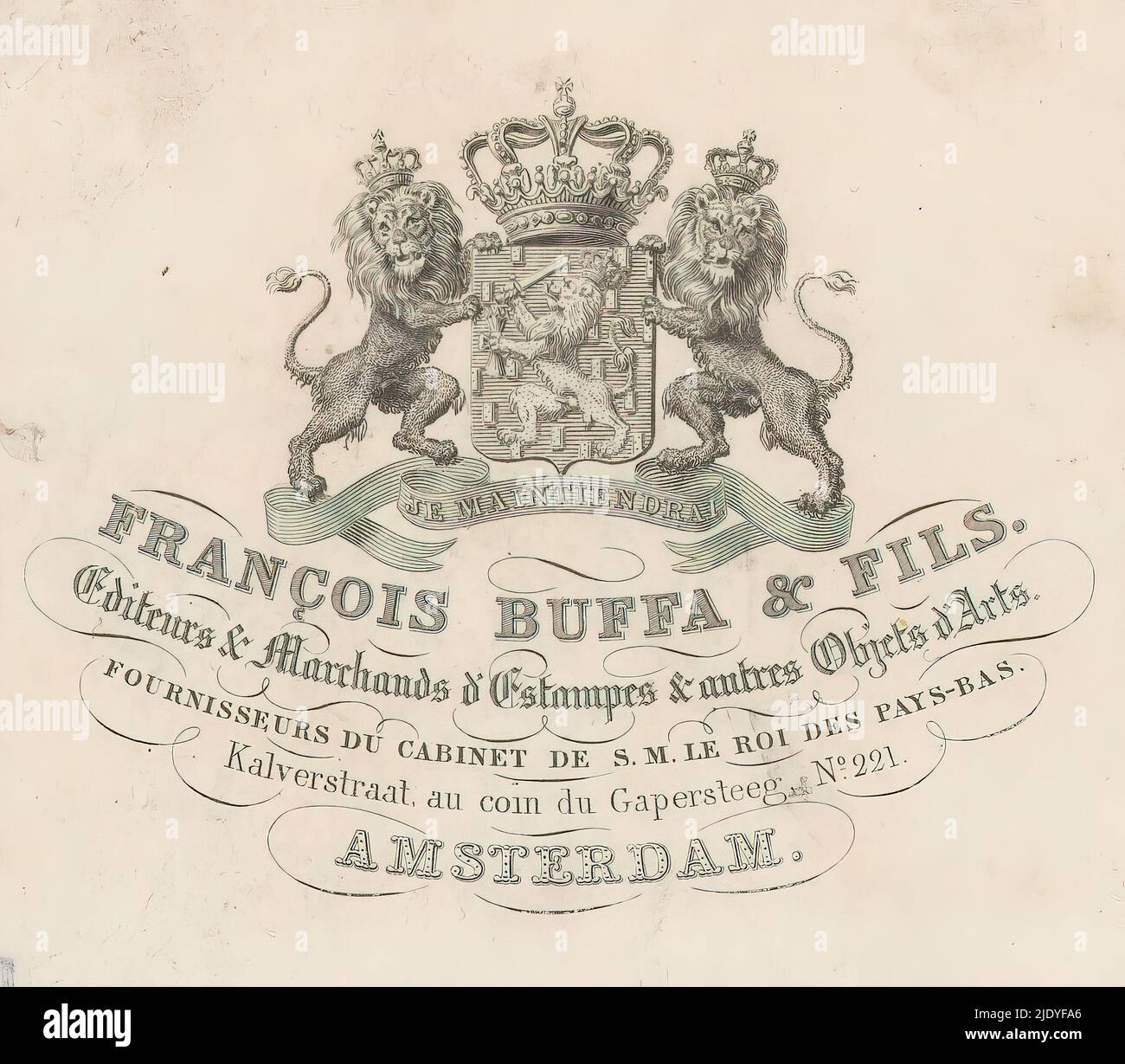 Business card of Frans Buffa and sons, Coat of arms of the Netherlands with motto: Je Maintiendrai; name and address of the firm of Frans Buffa and sons, purveyor to the court., print maker: Henricus Wilhelmus Couwenberg, Amsterdam, 1830 - 1854, paper, etching, height 88 mm × width 104 mm Stock Photo