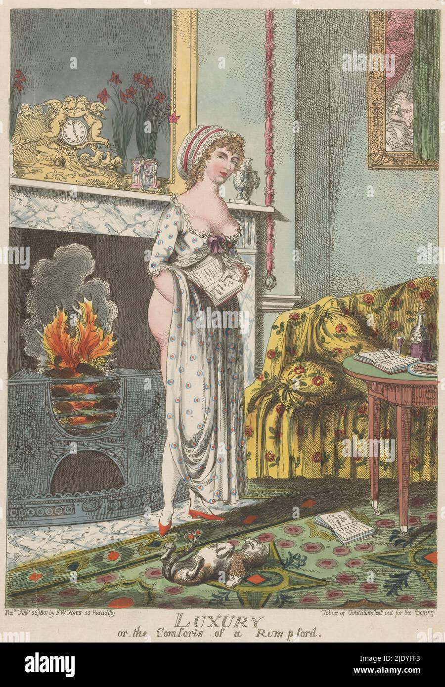 Woman warming herself by the fireplace, a book in her hand, Luxury or the Comforts of a Rumpford (title on object), Interior showing a young woman warming herself by the fireplace, her undergarments partially lifted revealing her buttocks. In her left hand she holds the 'Gothic Novel' The Monk, written by Matthew Gregory Lewis. In the interior, several references to love can be found, such as the painting with Danaë on the wall, the pendulum with putti and two open books titled: The Kisses and Oeconomy of Love., print maker: Charles Williams, publisher: Samuel W. Fores, (mentioned on object), Stock Photo