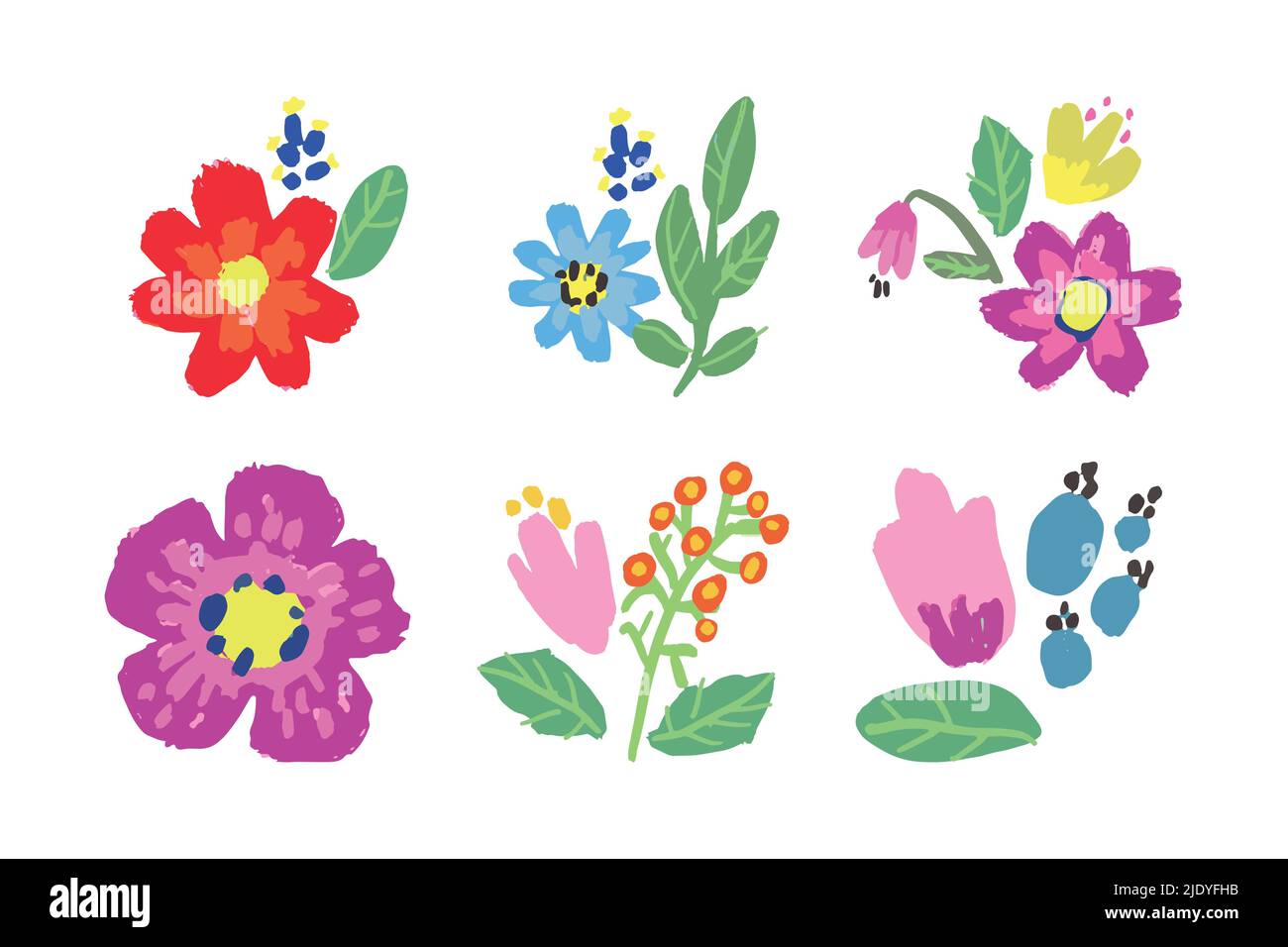 Set of six vector hand painted flowers and leaves Stock Vector Image ...