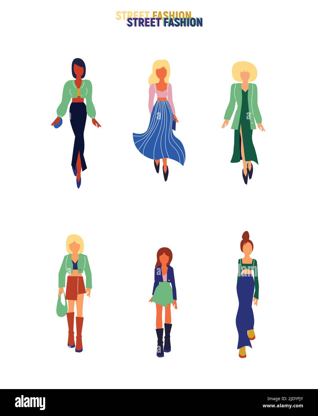 Collection of stylish young women dressed in trendy clothes. Vector ...