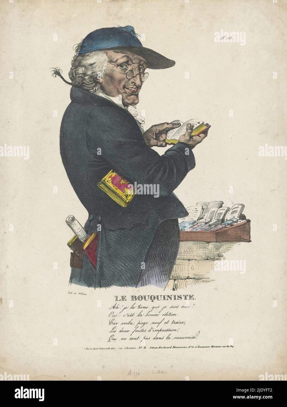Man examining a book in front of a book stall, Le bouquiniste (title on object), Under his arm he clasps a book and his coat pockets are also full of books. Numbered in the upper right: No. 13., print maker: anonymous, printer: François Jean Villain, (mentioned on object), publisher: Jean Fréderic Ostervald, (mentioned on object), Paris, c. 1834 - 1852, paper, height 354 mm × width 272 mm Stock Photo