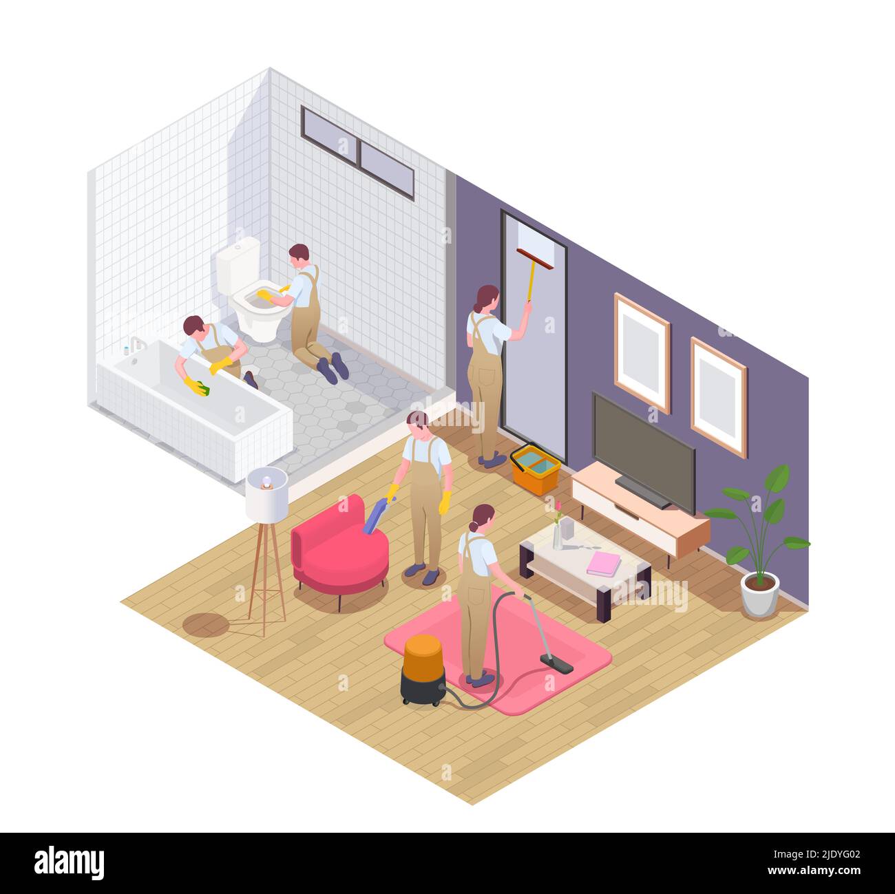 Professional cleaning service team at work vacuuming carpet furniture ...