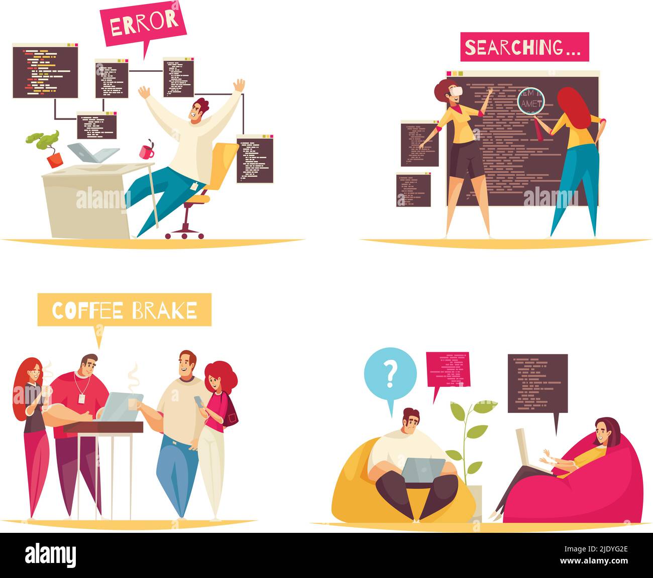 Programmer concept icons set with working day symbols flat isolated ...